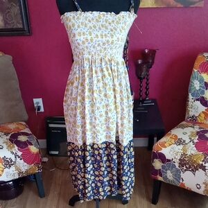 Chic Floral Midi Dress in Yellow and Blue